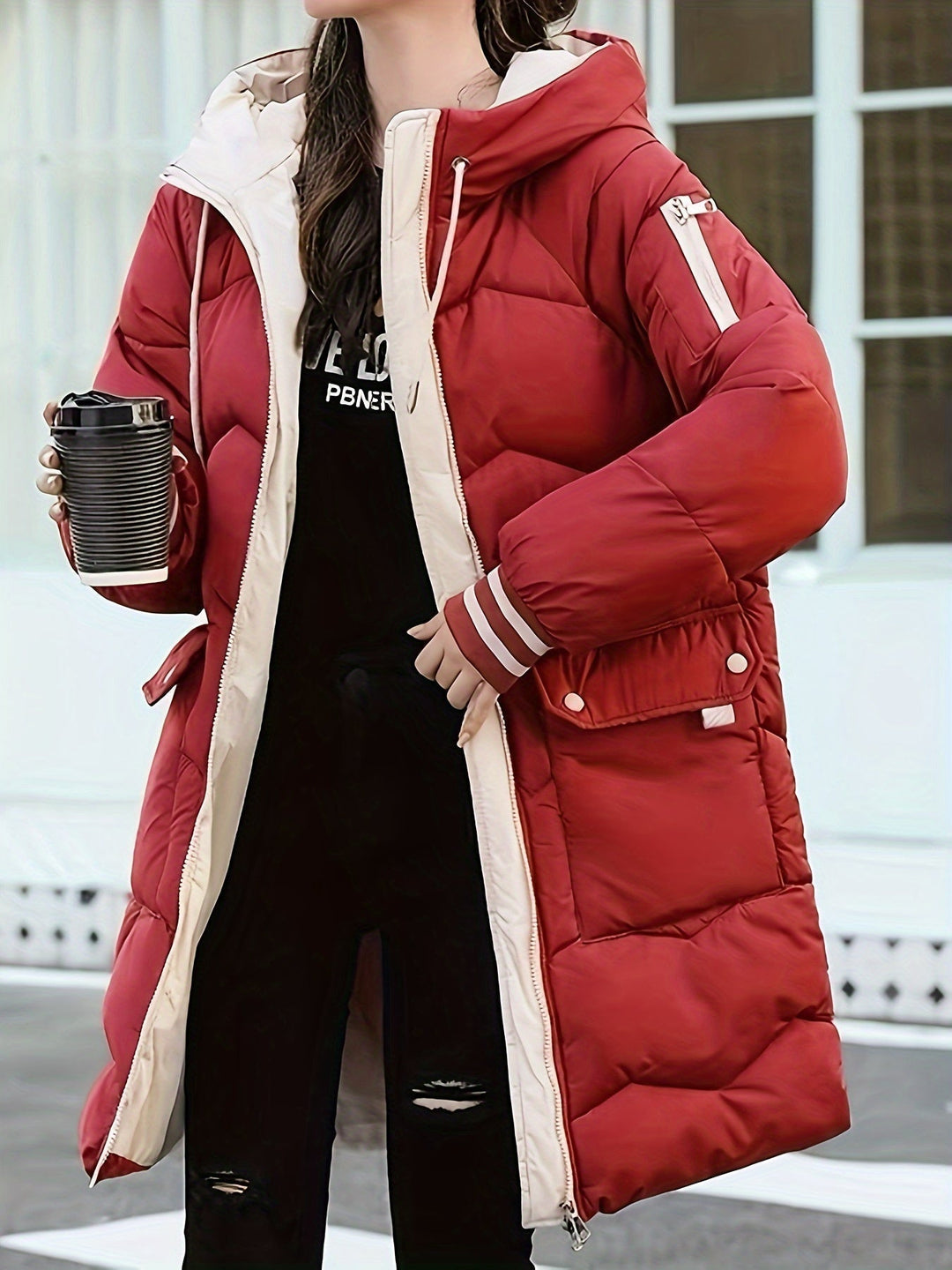 Warm Quilted Hoodie Jacket with Zip - Valencia-Red-S-Nora Luxe