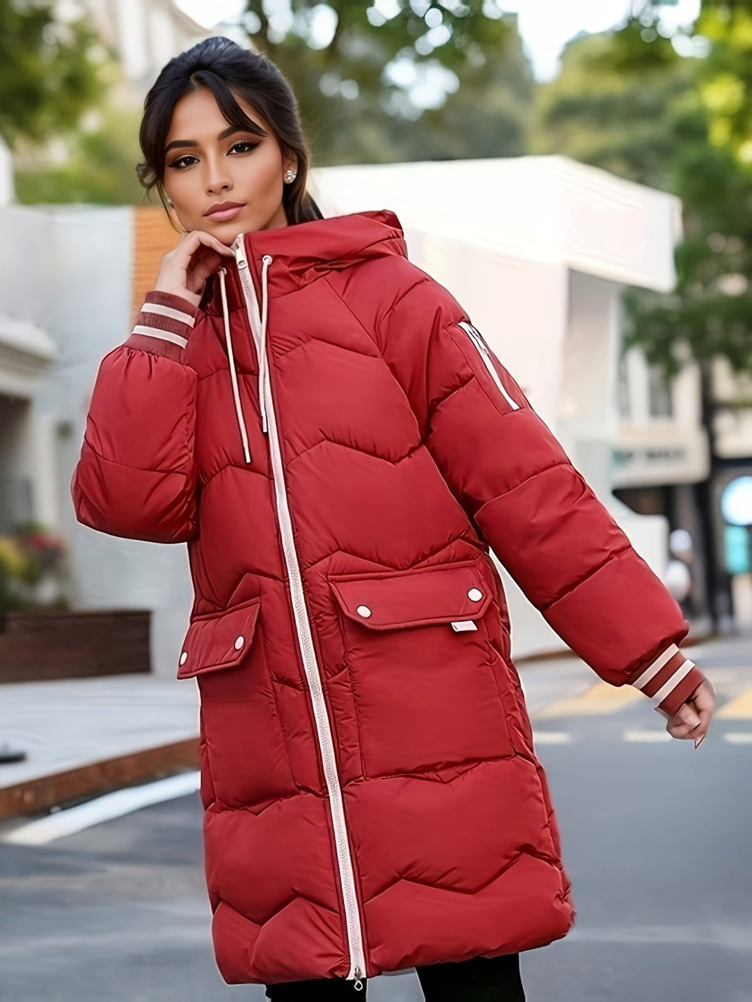 Warm Quilted Hoodie Jacket with Zip - Valencia-Red-S-Nora Luxe