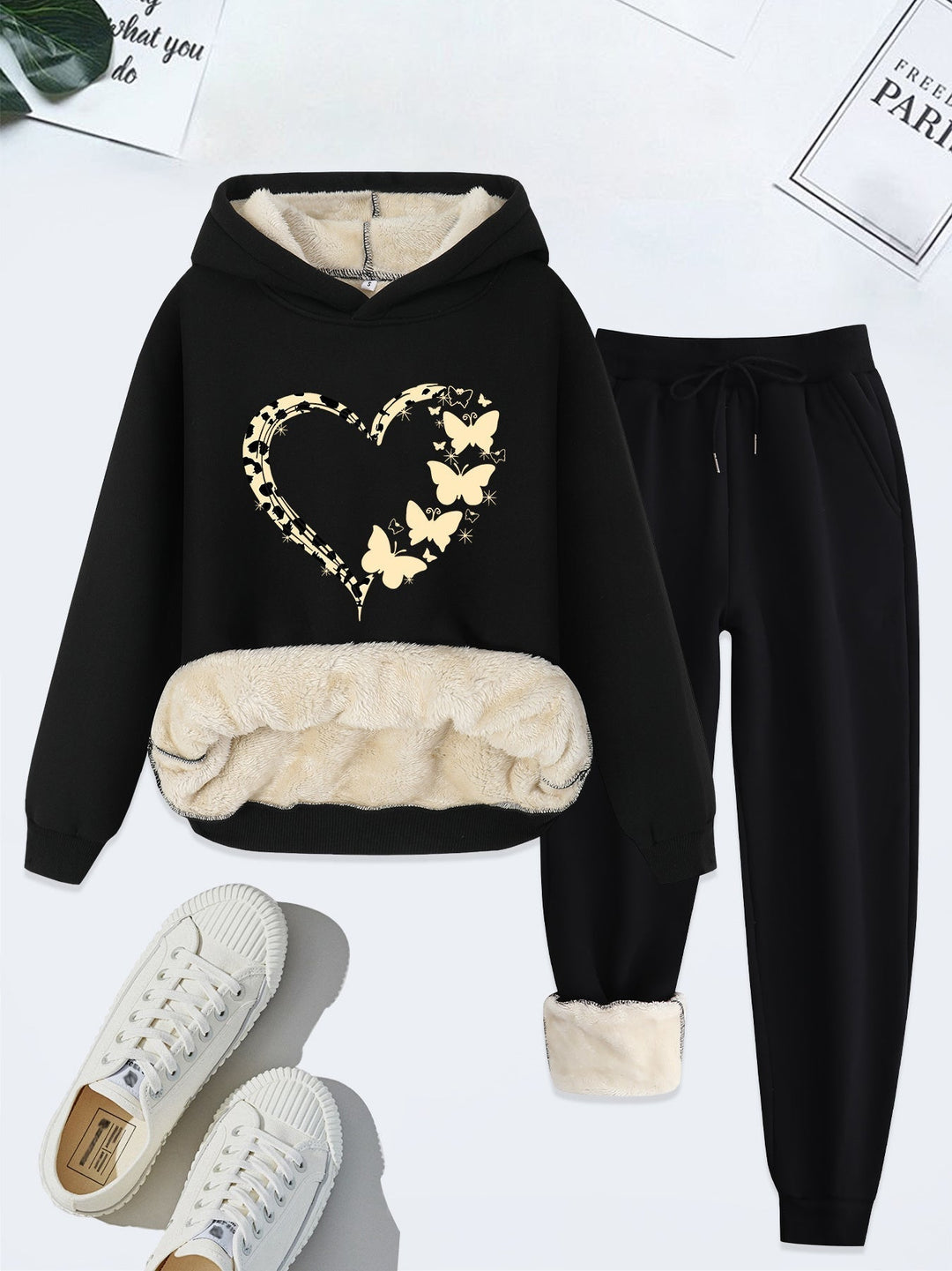 Warm Two-Piece Women's Set with Heart Print - Bella-Black-S-Nora Luxe