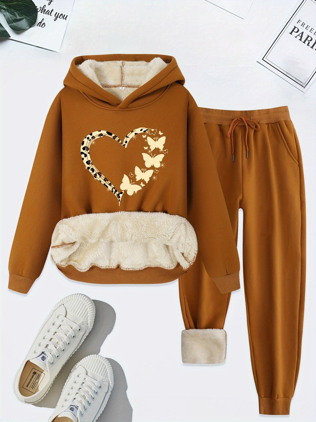 Warm Two-Piece Women's Set with Heart Print - Bella-Light Brown-S-Nora Luxe