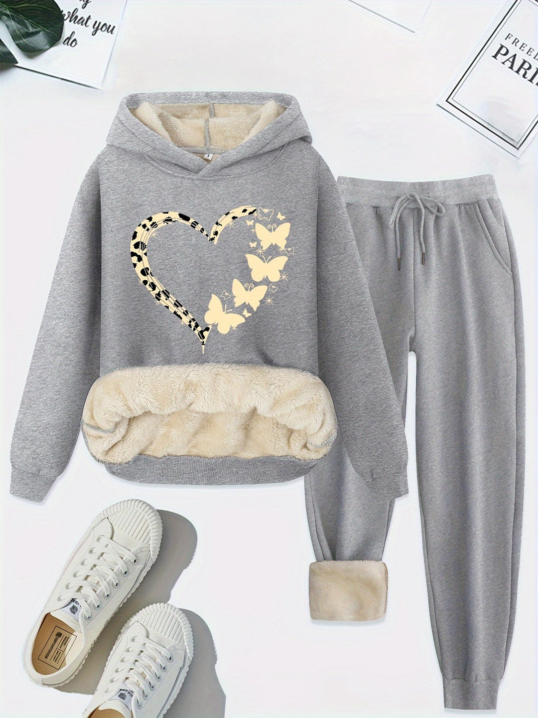 Warm Two-Piece Women's Set with Heart Print - Bella-Light Gray-S-Nora Luxe