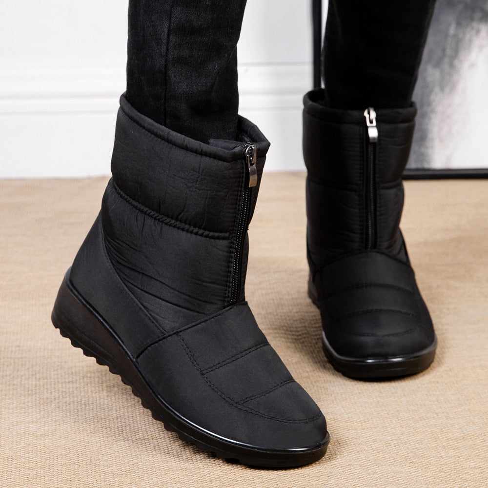 Waterproof Lined Mid-Height Women's Snow Boots - Clara Snow Walk Pro-Black-5.5-Nora Luxe