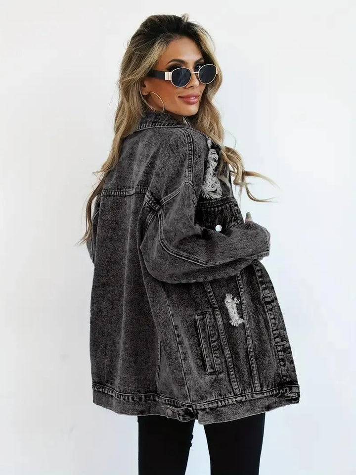 Waterproof & Lined Oversized Women's Denim Jacket with Hood – Talia-Dark grey-S-Nora Luxe