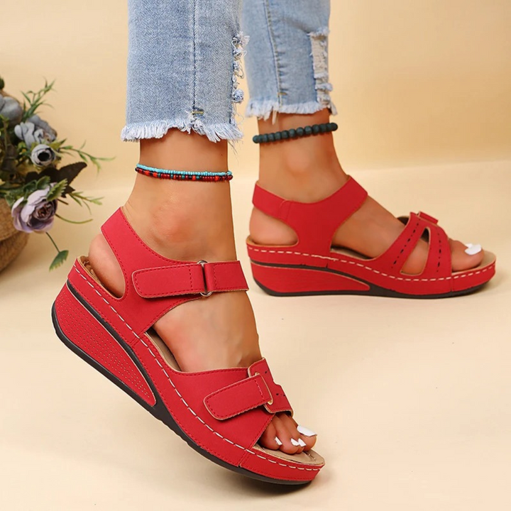 Wedge Heel Orthopaedic Sandals | Pain Relief Footwear-4-Red-Nora Luxe