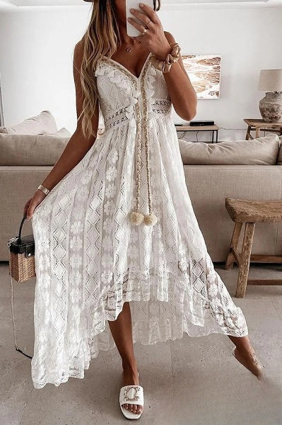 White Crocheted Fringed Dress - Élodie-S-The Livary