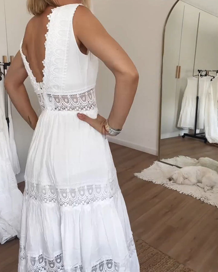 White Lace Midi Dress with V-neck - Celina-White-S-Nora Luxe