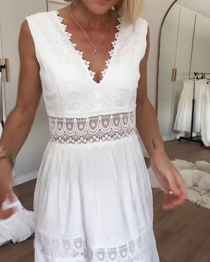 White Lace Midi Dress with V-neck - Celina-White-S-Nora Luxe