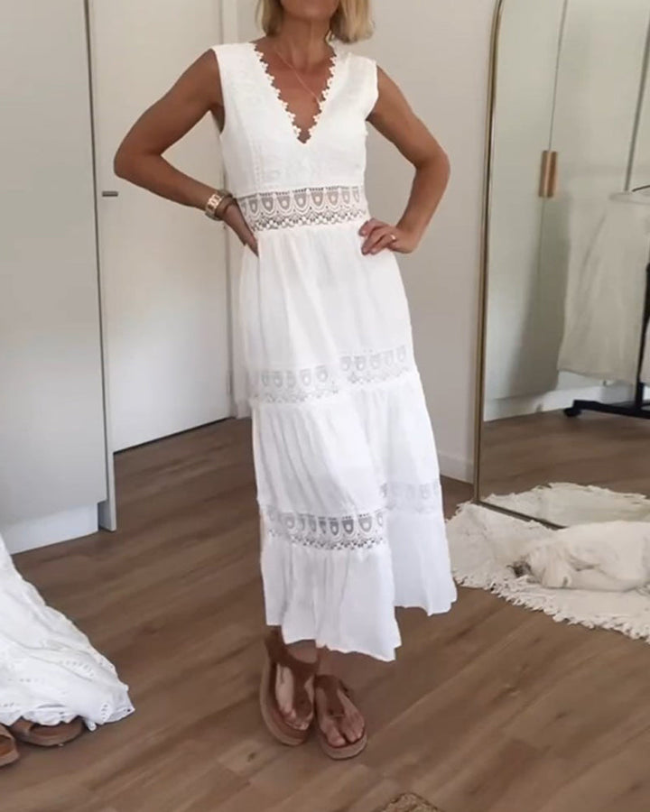 White Lace Midi Dress with V-neck - Celina-White-S-Nora Luxe