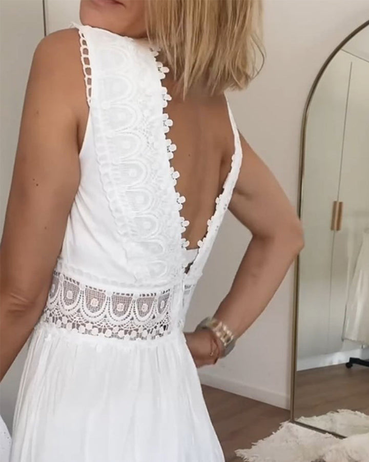 White Lace Midi Dress with V-neck - Celina-White-S-Nora Luxe