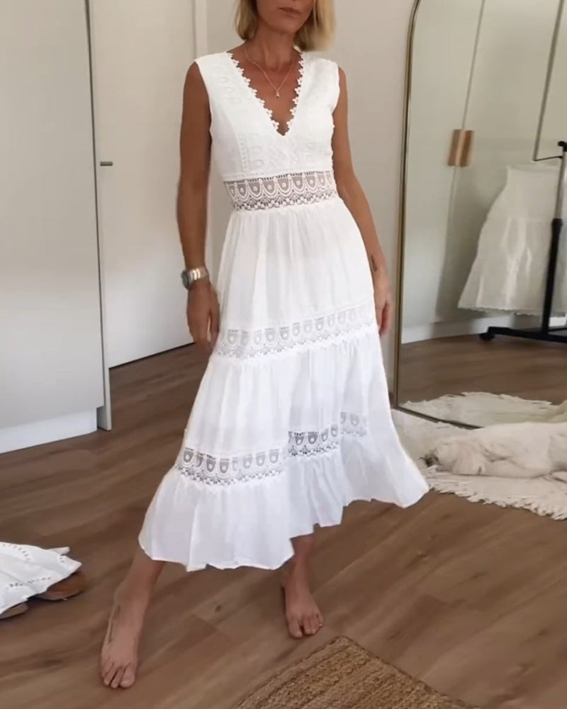 White Lace Midi Dress with V-neck - Celina-White-S-Nora Luxe