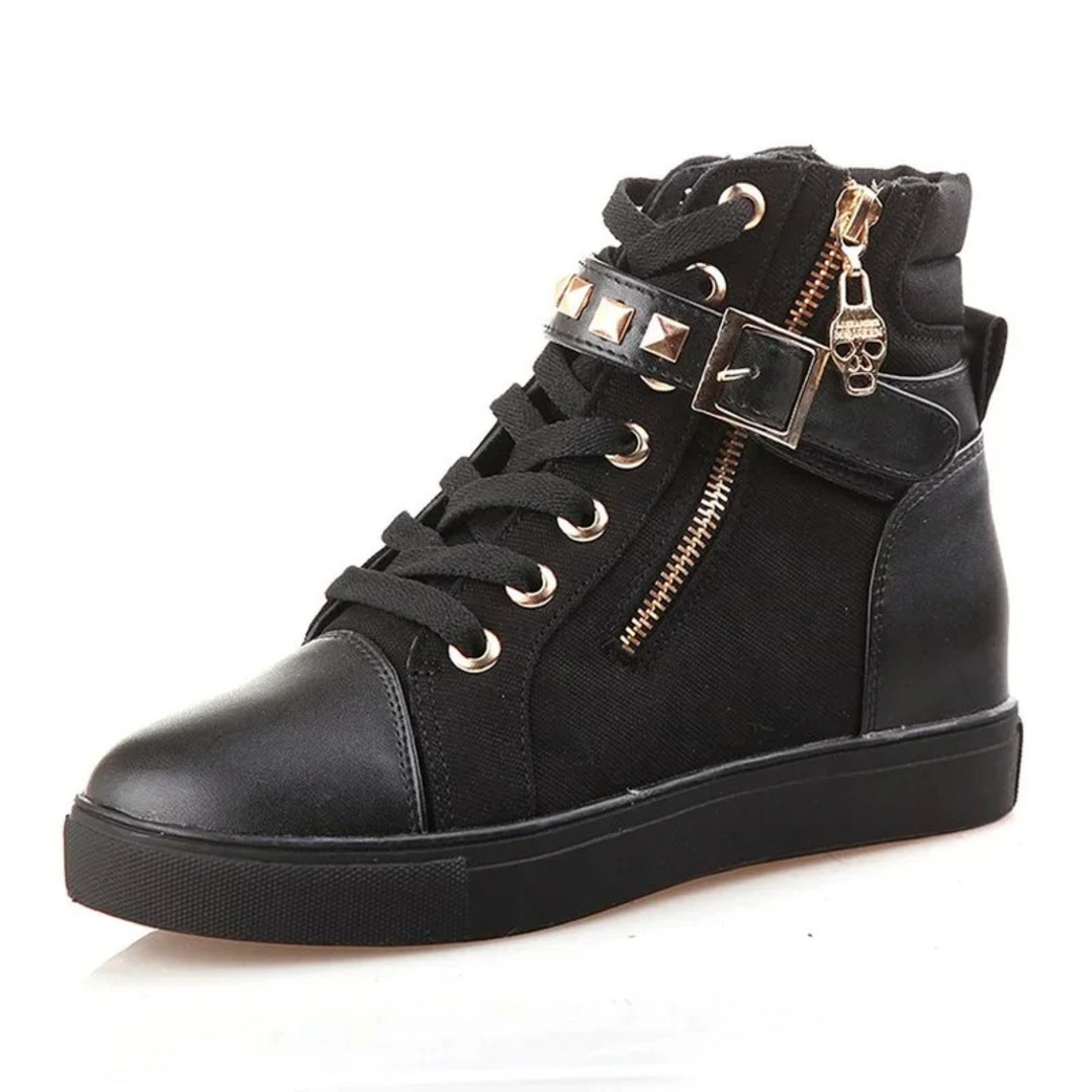 White Leather High Sneakers with Zip for Ladies - Ava-Black-2.5-Nora Luxe