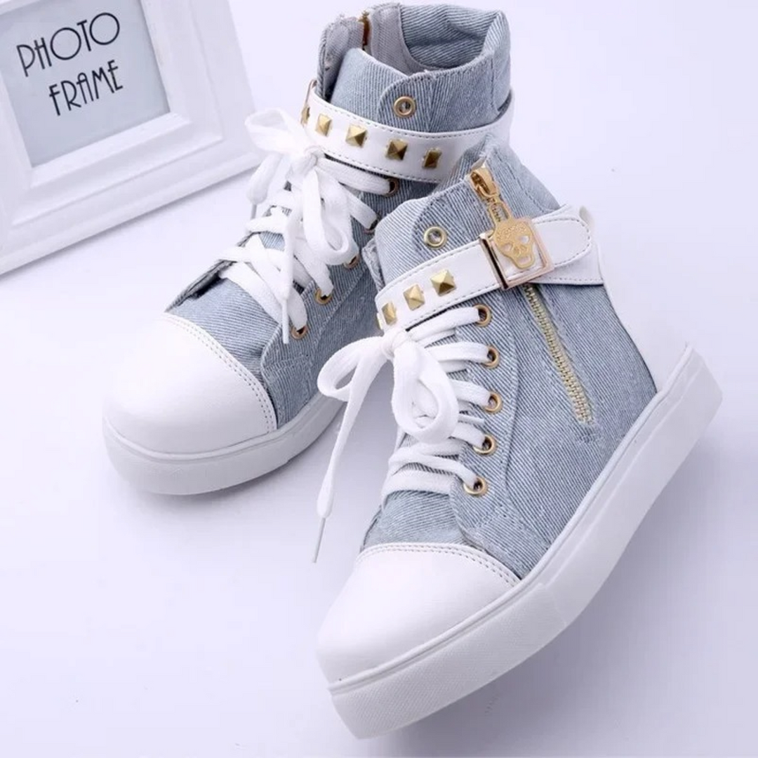 White Leather High Sneakers with Zip for Ladies - Ava-Blue-2.5-Nora Luxe