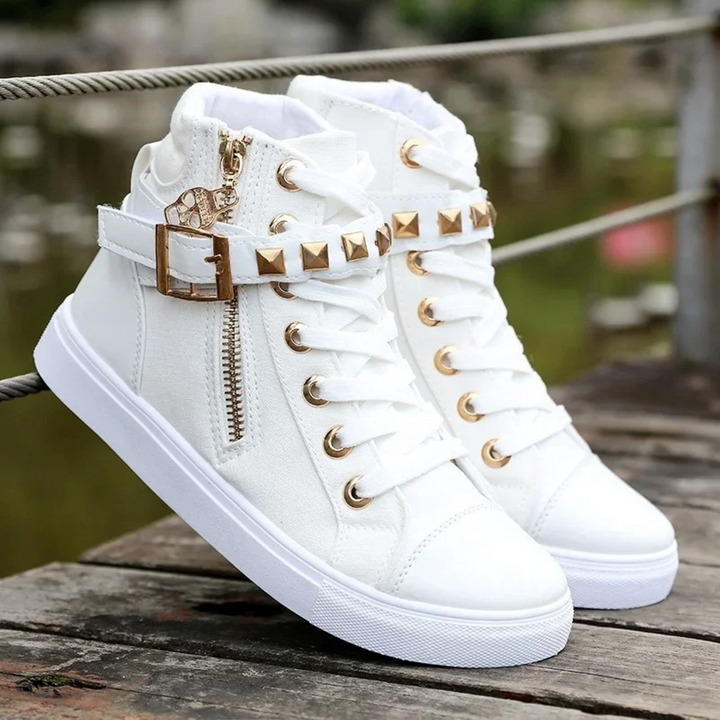 White Leather High Sneakers with Zip for Ladies - Ava-White-2.5-Nora Luxe