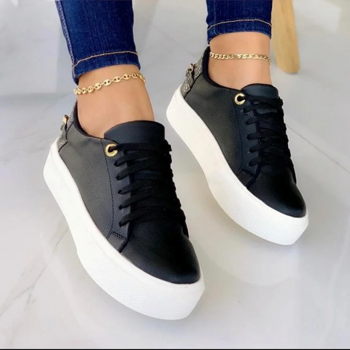 White Leather Sneakers with Metal Chain - ComfortStep-Black-2.5-Nora Luxe