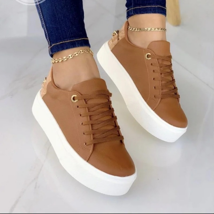White Leather Sneakers with Metal Chain - ComfortStep-Brown-2.5-Nora Luxe