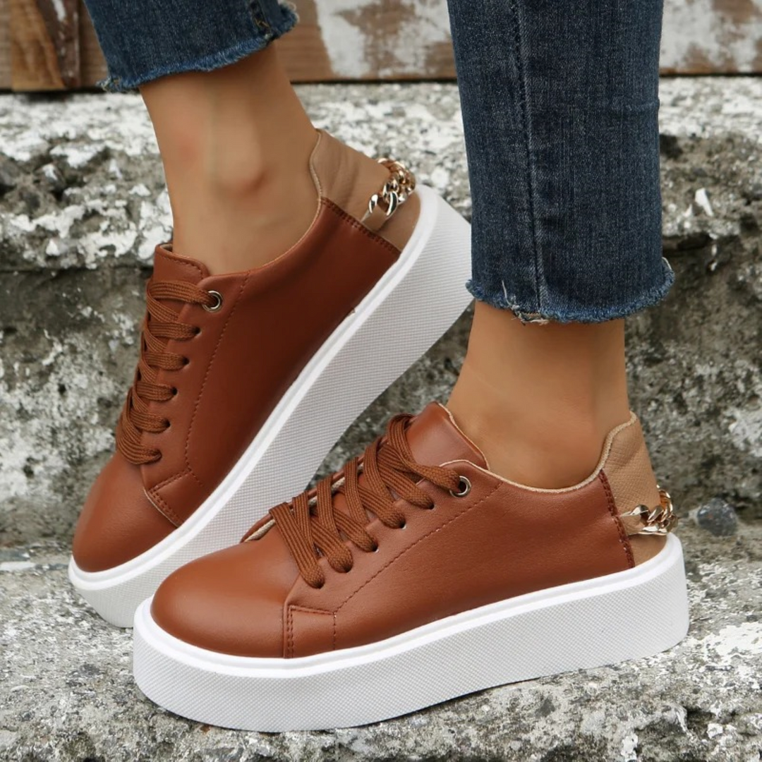 White Leather Sneakers with Metal Chain - ComfortStep-Dark brown-2.5-Nora Luxe