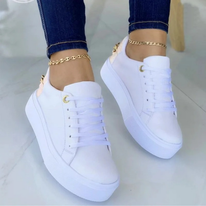 White Leather Sneakers with Metal Chain - ComfortStep-White-2.5-Nora Luxe