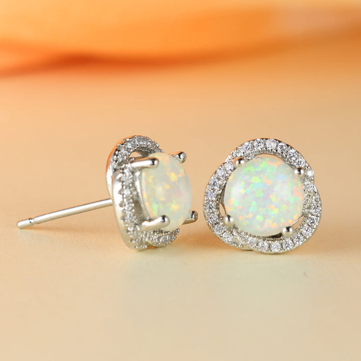 White Opal & Zircon Clover Leaf Earrings - Elara-Blue Opal and Rose Gold-Nora Luxe