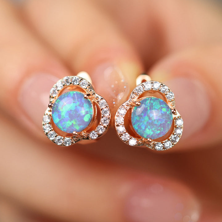 White Opal & Zircon Clover Leaf Earrings - Elara-Blue Opal and Rose Gold-Nora Luxe