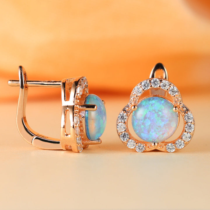 White Opal & Zircon Clover Leaf Earrings - Elara-Blue Opal and Rose Gold-Nora Luxe