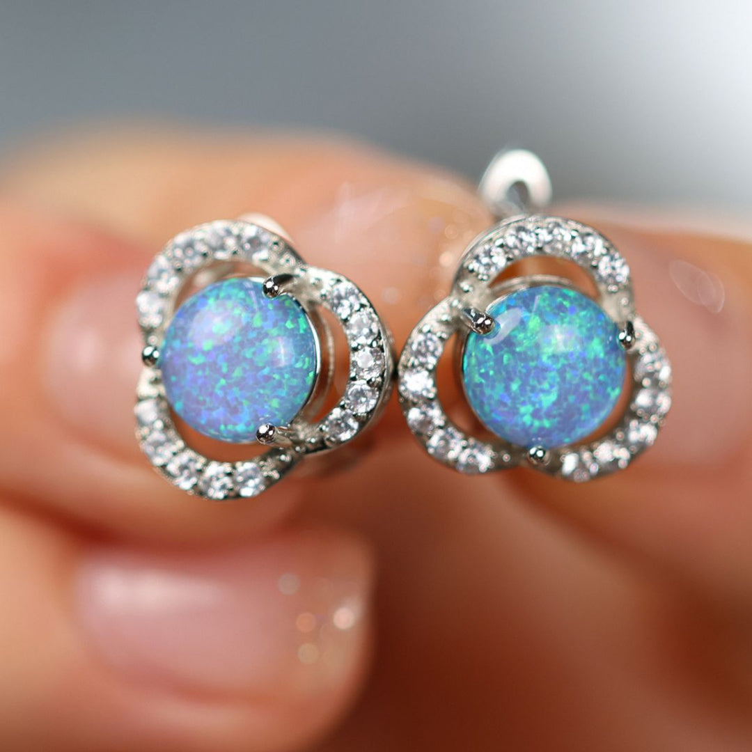 White Opal & Zircon Clover Leaf Earrings - Elara-Blue Opal and Rose Gold-Nora Luxe