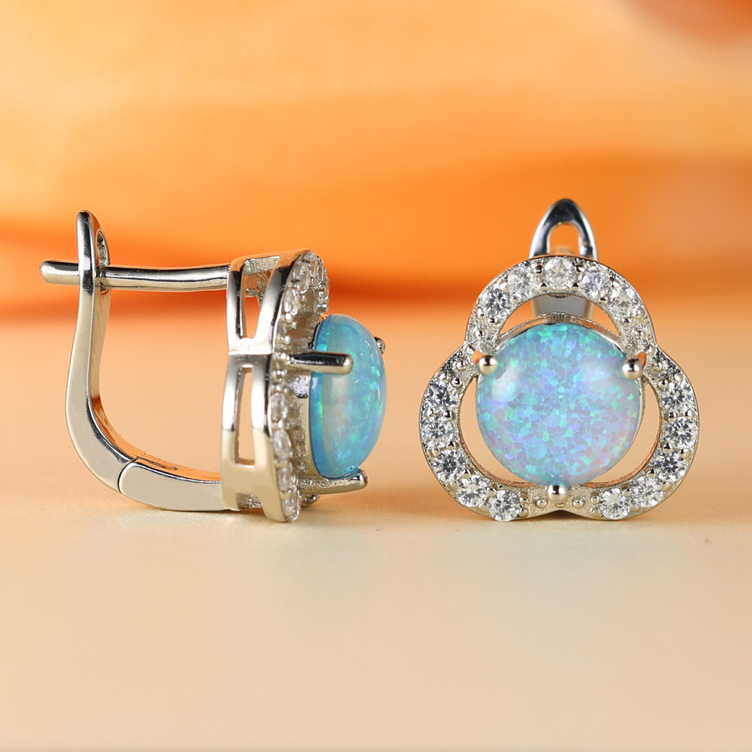 White Opal & Zircon Clover Leaf Earrings - Elara-Blue Opal and Rose Gold-Nora Luxe