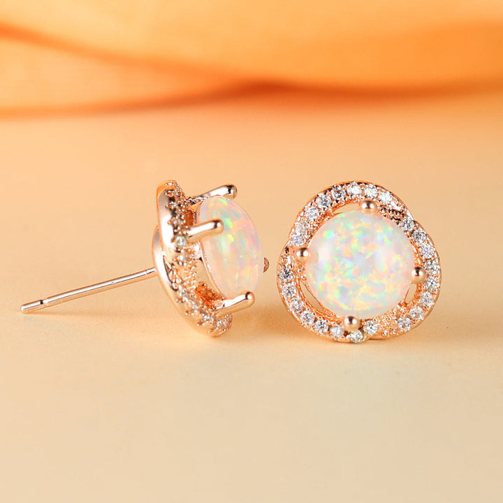 White Opal & Zircon Clover Leaf Earrings - Elara-Blue Opal and Rose Gold-Nora Luxe
