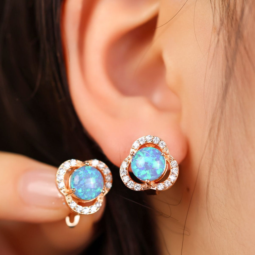 White Opal & Zircon Clover Leaf Earrings - Elara-Blue Opal and Rose Gold-Nora Luxe
