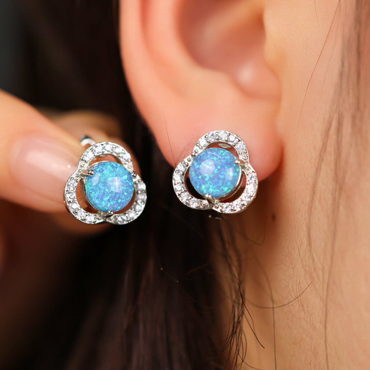 White Opal & Zircon Clover Leaf Earrings - Elara-Blue Opal and Silver-Nora Luxe