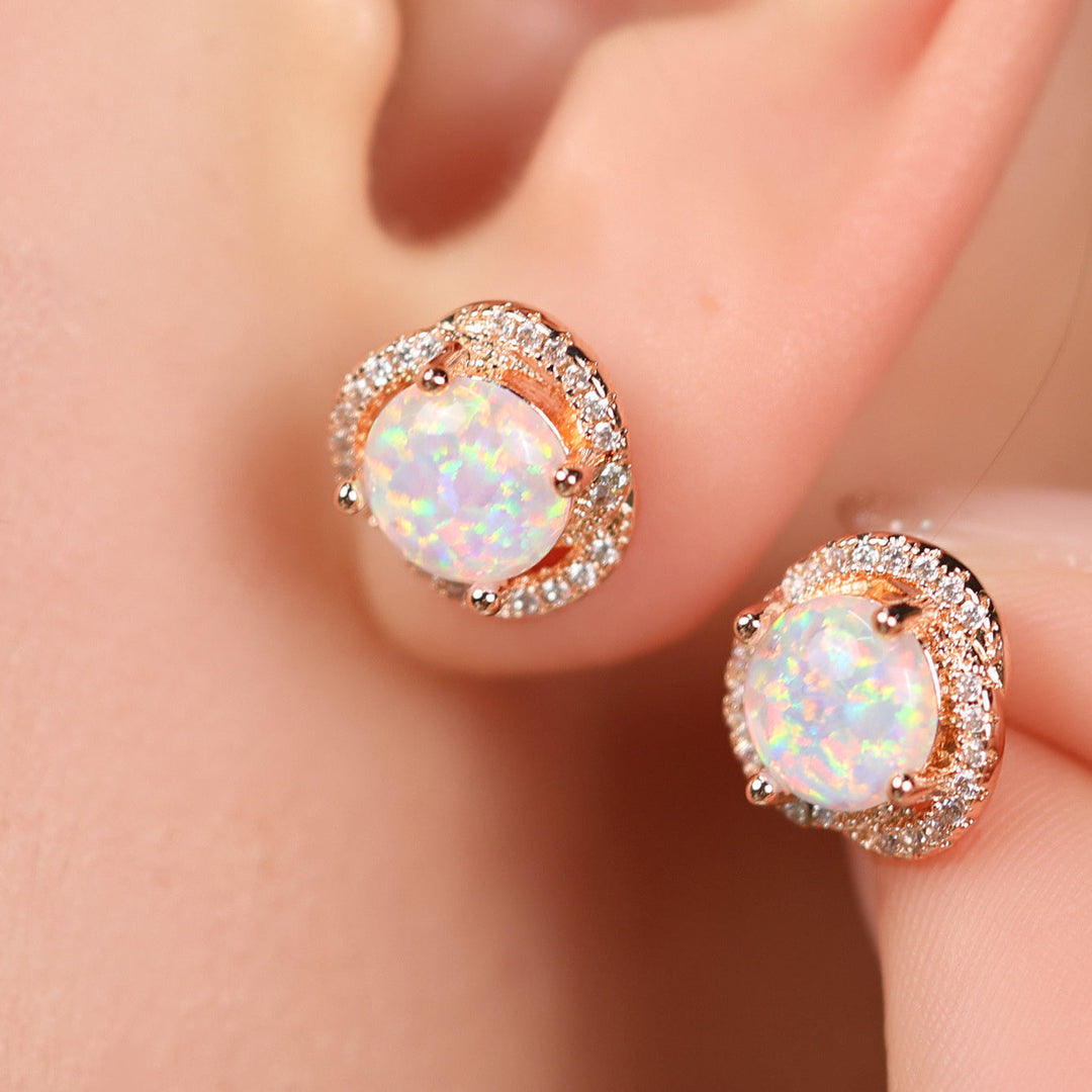 White Opal & Zircon Clover Leaf Earrings - Elara-White Opal and Rose Gold-Nora Luxe