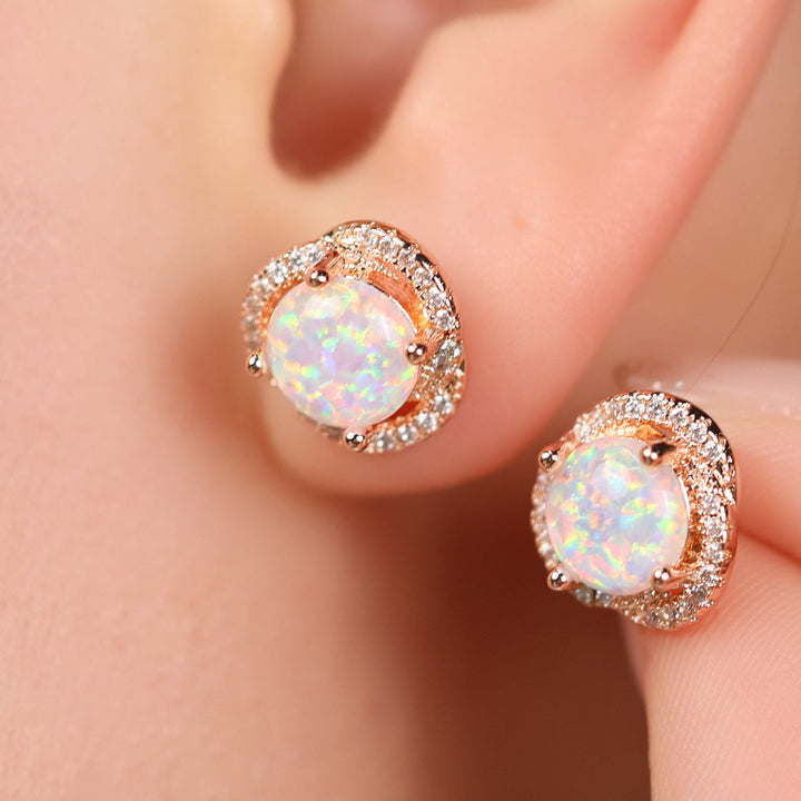 White Opal & Zircon Clover Leaf Earrings - Elara-White Opal and Rose Gold-Nora Luxe
