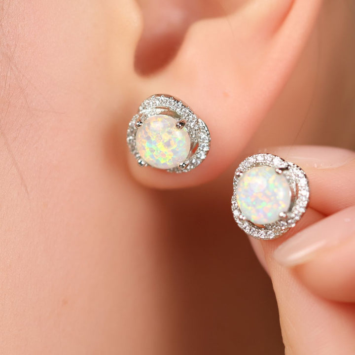 White Opal & Zircon Clover Leaf Earrings - Elara-White Opal and Silver-Nora Luxe
