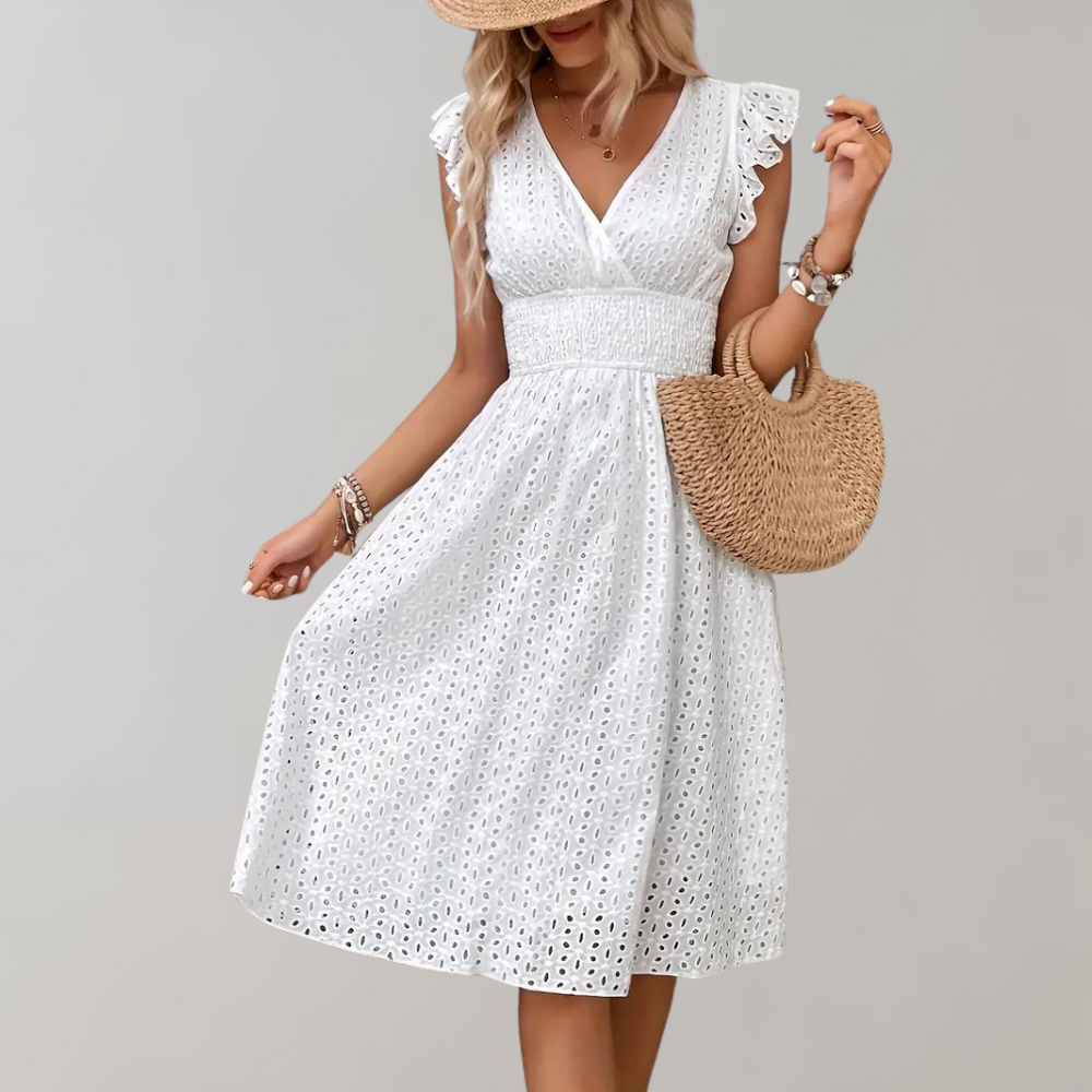 White Summer Dress with Ruffled Sleeves - Lina-S-Nora Luxe