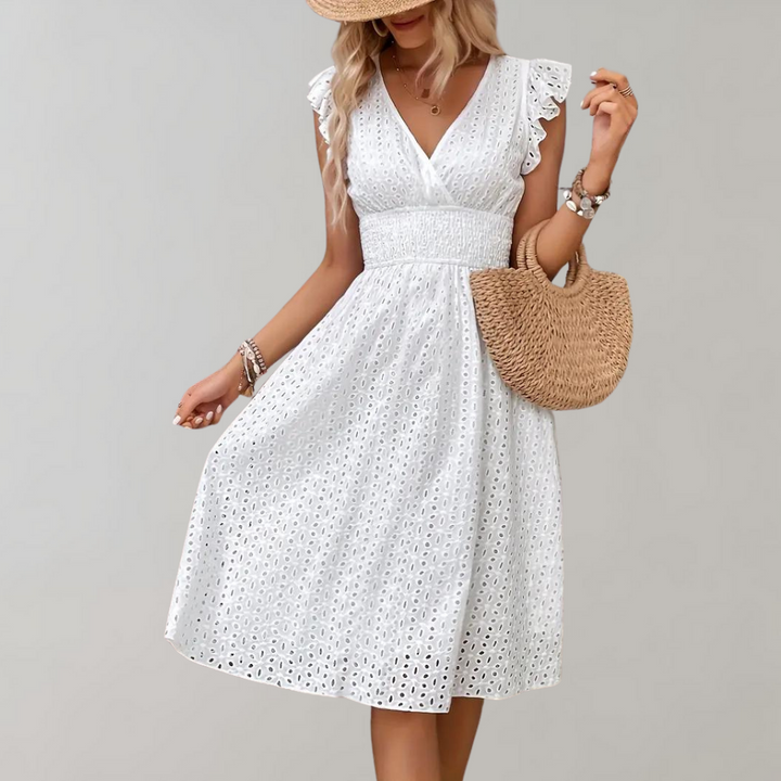 White Summer Dress with Ruffled Sleeves - Lina-S-Nora Luxe