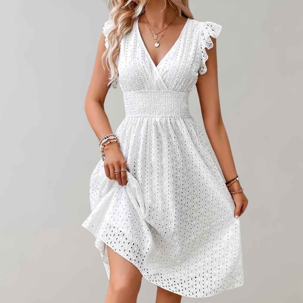 White Summer Dress with Ruffled Sleeves - Lina-S-Nora Luxe