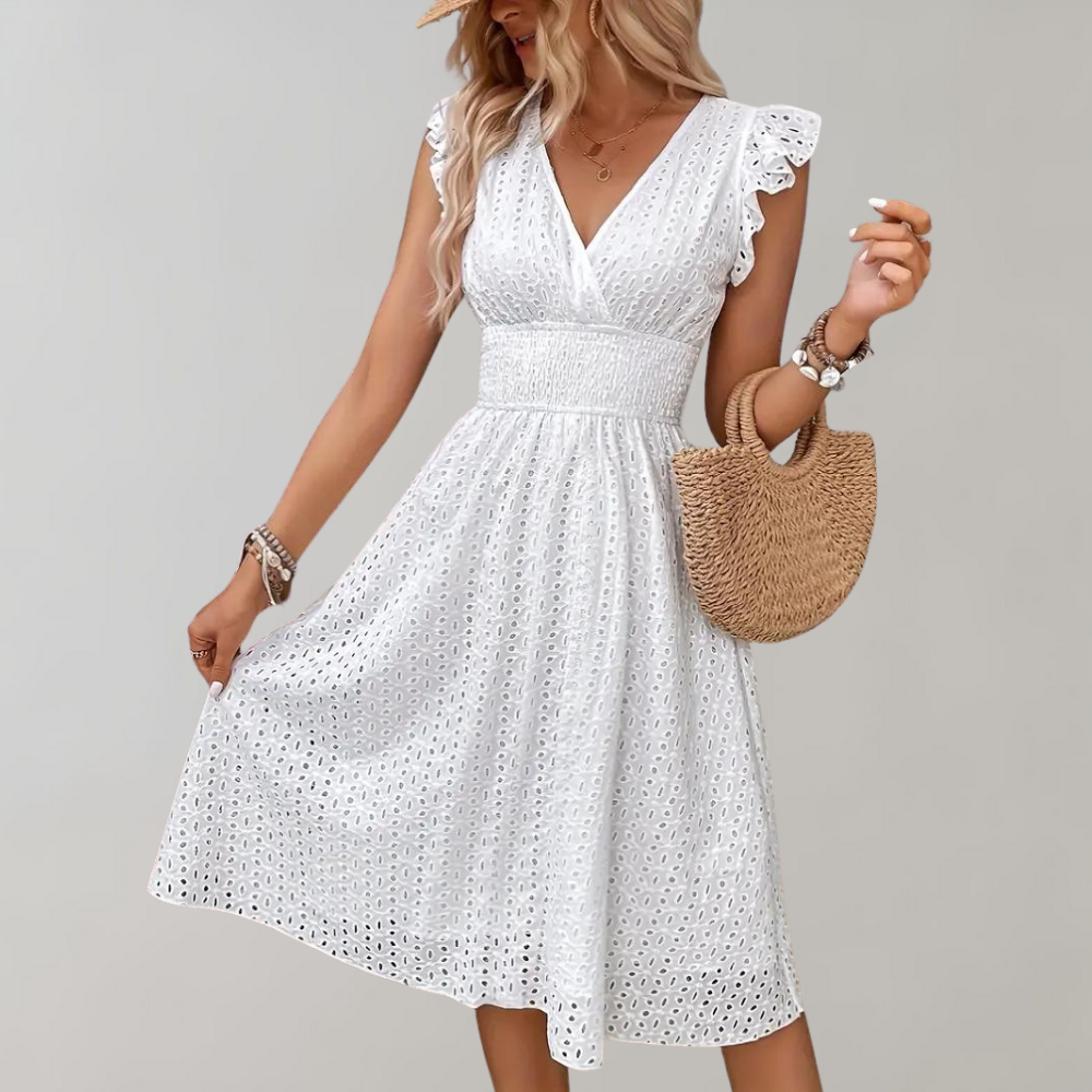 White Summer Dress with Ruffled Sleeves - Lina-S-Nora Luxe