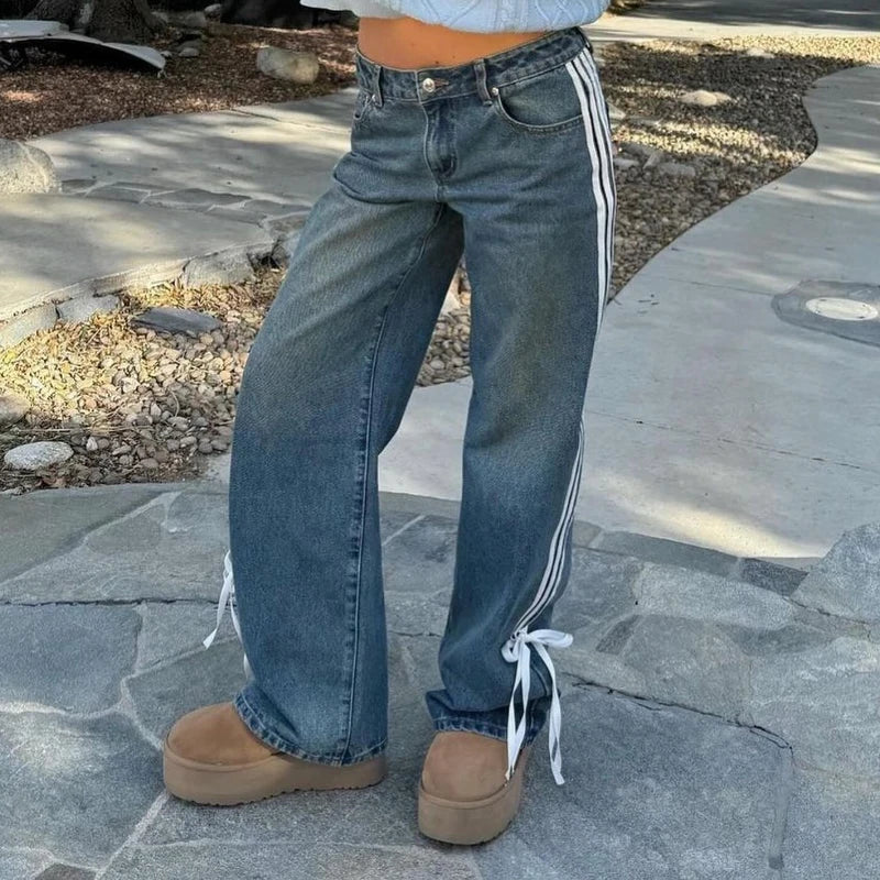 Wide Jeans with Stripes and Laces - Mila-Blue-XS-Nora Luxe