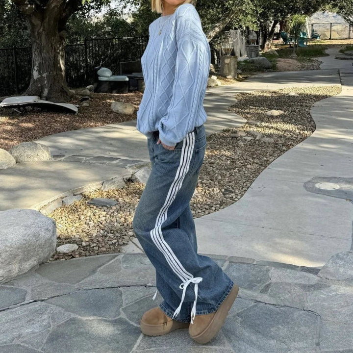 Wide Jeans with Stripes and Laces - Mila-Blue-XS-Nora Luxe