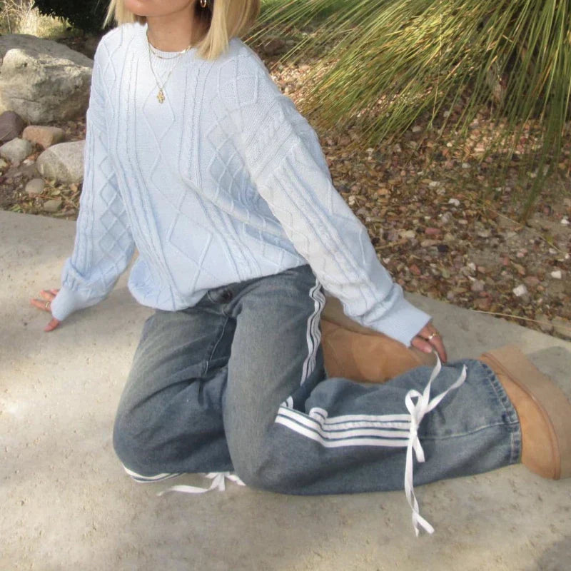 Wide Jeans with Stripes and Laces - Mila-Blue-XS-Nora Luxe