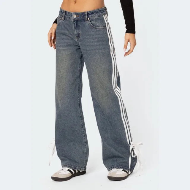 Wide Jeans with Stripes and Laces - Mila-Blue-XS-Nora Luxe