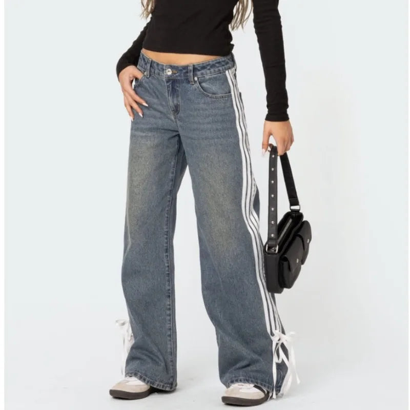 Wide Jeans with Stripes and Laces - Mila-Blue-XS-Nora Luxe