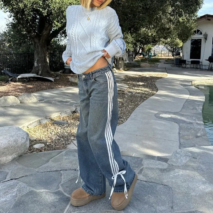 Wide Jeans with Stripes and Laces - Mila-Blue-XS-Nora Luxe