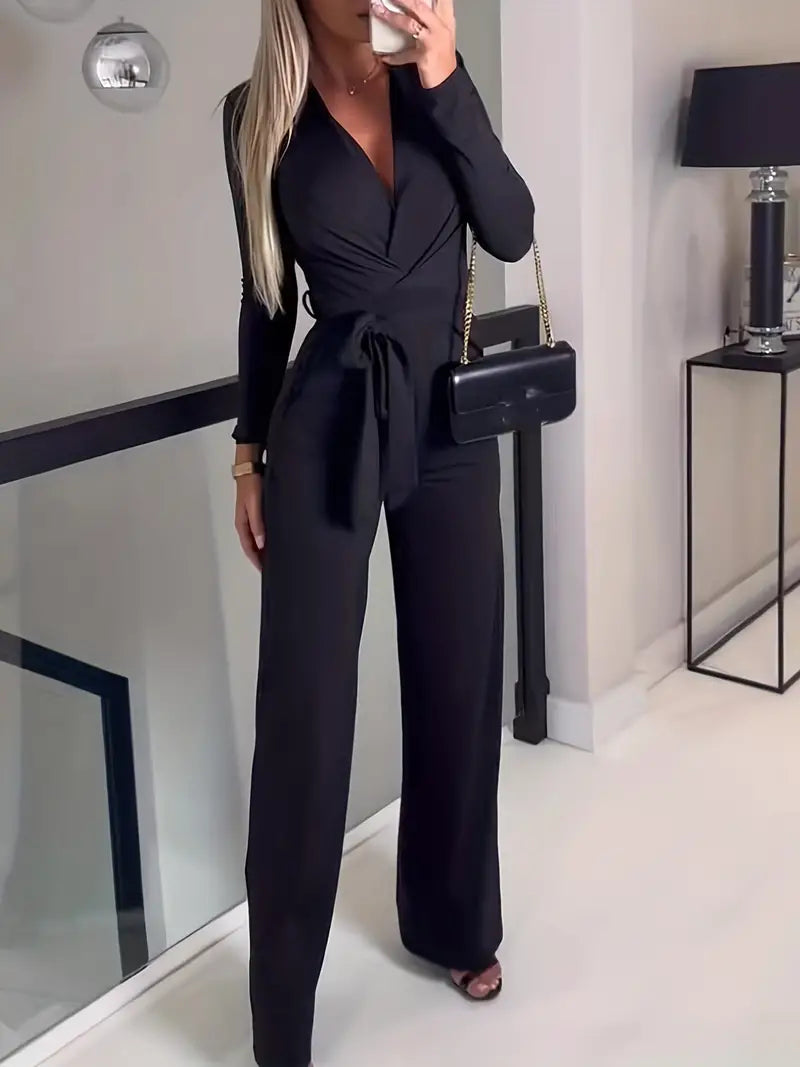 Wide-leg jumpsuit with belt and V-neck - Elise-Black-S-Nora Luxe