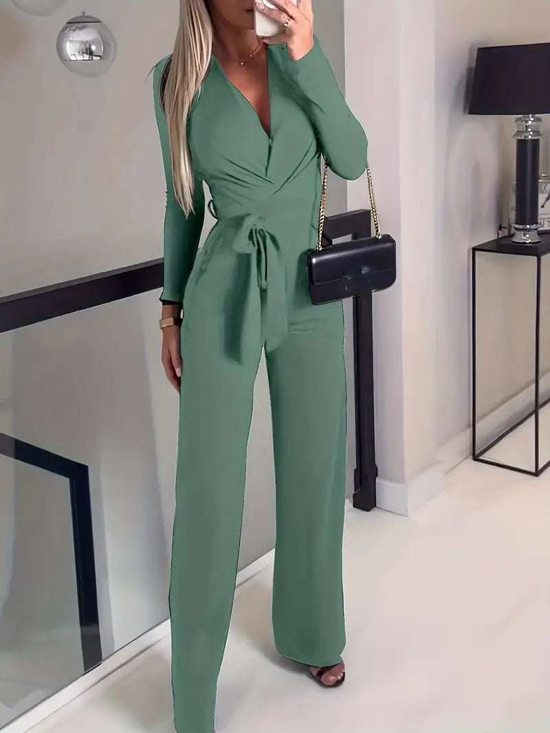 Wide-leg jumpsuit with belt and V-neck - Elise-Green-S-Nora Luxe