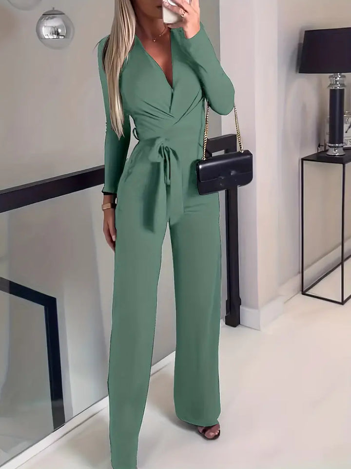 Wide-leg jumpsuit with belt and V-neck - Elise-Green-S-Nora Luxe