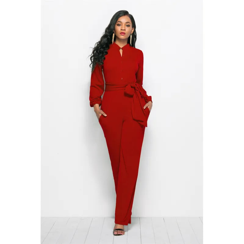 Wide-leg jumpsuit with belt and V-neck - Elise-Red-S-Nora Luxe