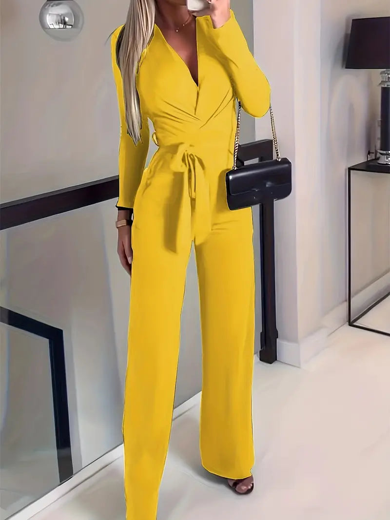 Wide-leg jumpsuit with belt and V-neck - Elise-Yellow-S-Nora Luxe