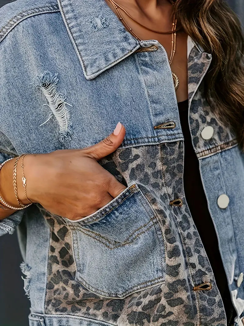 Wildly Chic Leopard Print Denim Jacket - Leona-Medium blue-S-Nora Luxe