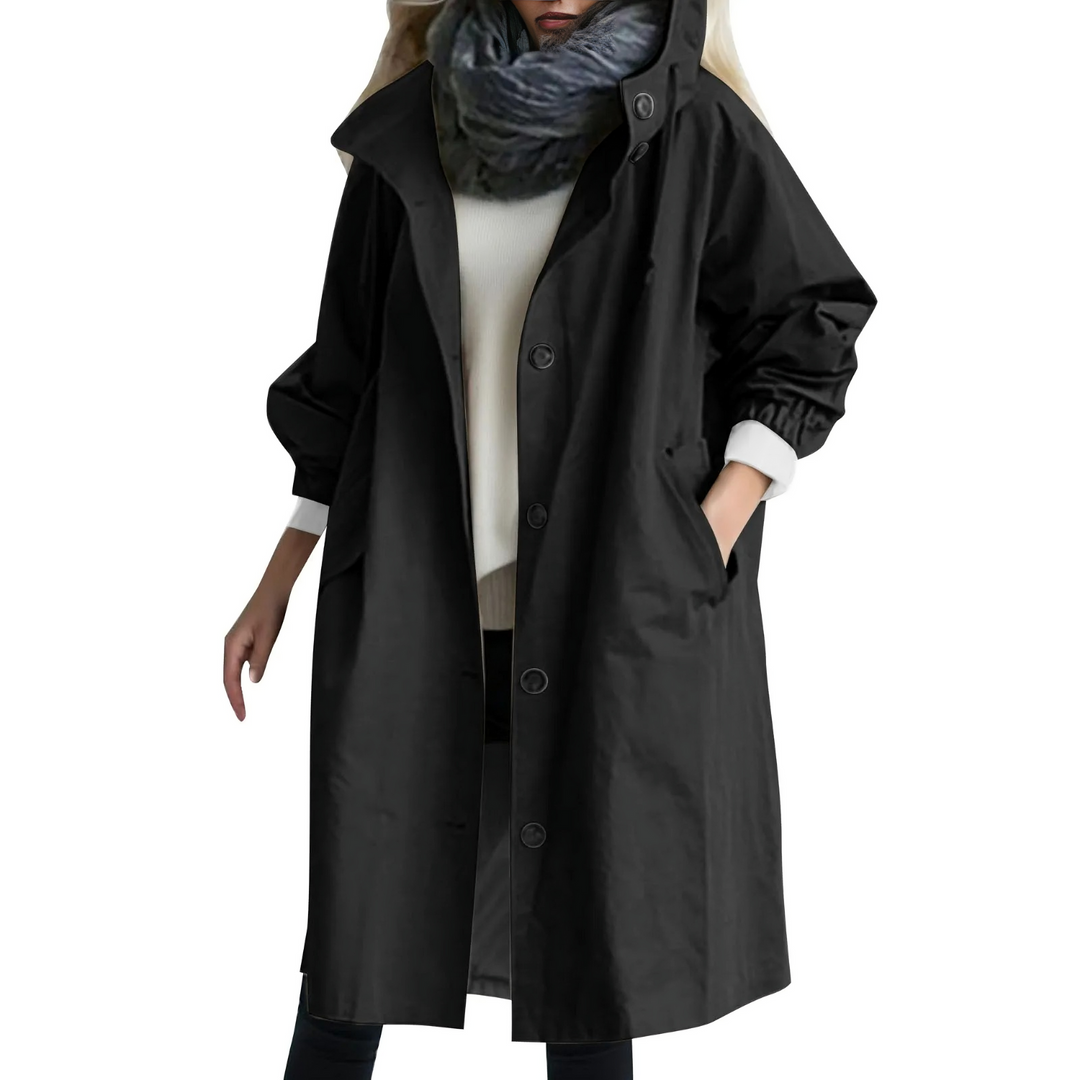 Windproof Women's Trench Coat with Hood - Luna-Black-S-Nora Luxe