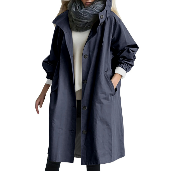 Windproof Women's Trench Coat with Hood - Luna-Dark Blue-S-Nora Luxe